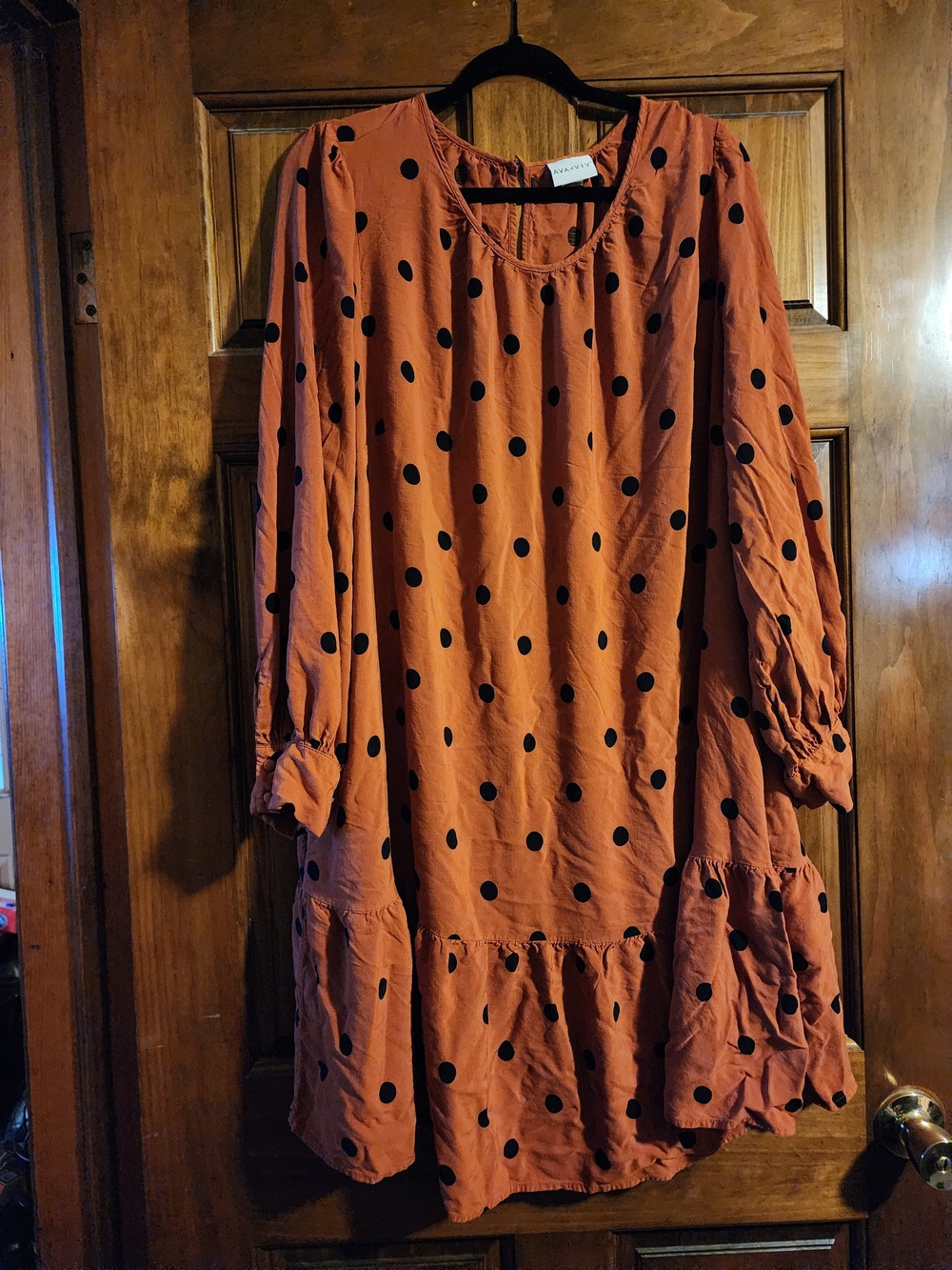 Ava & Viv 2X Rust Orange Black Polka Dot Puff Sleeve Dress